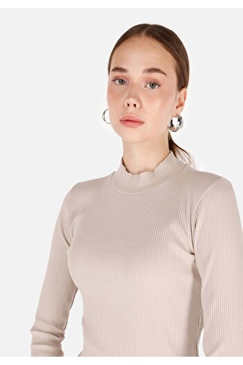 Colin's Slim Fit Stand Collar Plain Γυναικείο μπεζ μακρυμάνικο μπλουζάκι