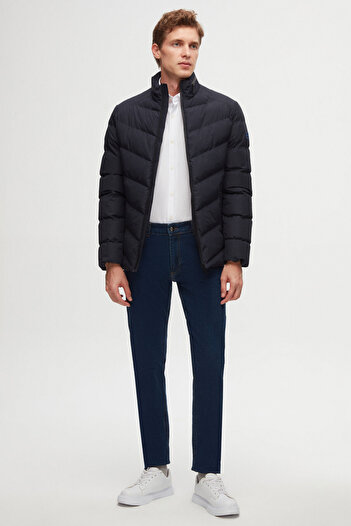 Twn Navy Blue Slim Fit Concealable Hooded Windproof Jacket
