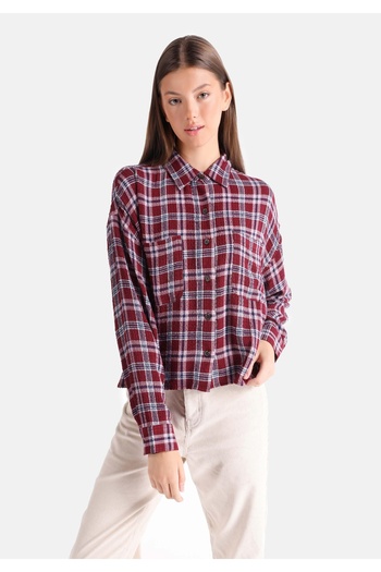 Colin's Regular Fit Shirt Neck Plaid Women's Burgundy Long Sleeve Shirt