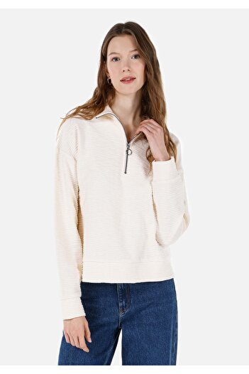 Colin's Regular Fit Zippered Jacquard Women's Ecru Long Sleeve T-Shirt
