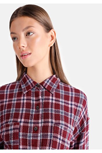 Colin's Regular Fit Shirt Neck Ekoseli Kadın Bordo Uzun Kol Gömlek