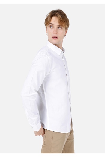 Colin's Slim Fit πουκάμισο με λαιμόκοψη Απλό ανδρικό λευκό μακρυμάνικο πουκάμισο