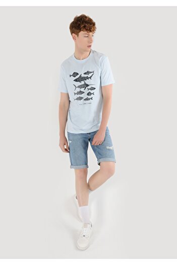 Colin's Regular Fit Bisiklet Yaka Baskılı Mavi Erkek Kısa Kol Tişört