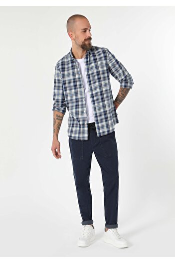 Colin's Сlim Fit Shirt Neck Екоси чоловіча синя сорочка з довгими рукавами