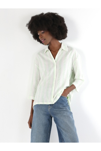 Colin's Regular Fit Shirt Neck Striped Women's Green Roll-Up Shirt