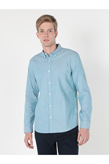Colin's Slim Fit πουκάμισο με λαιμόκοψη Απλό ανδρικό πράσινο μακρυμάνικο πουκάμισο