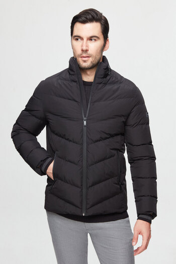 Twn Black Slim Fit - Windproof Jacket with Concealable Hood and Fiber Filling