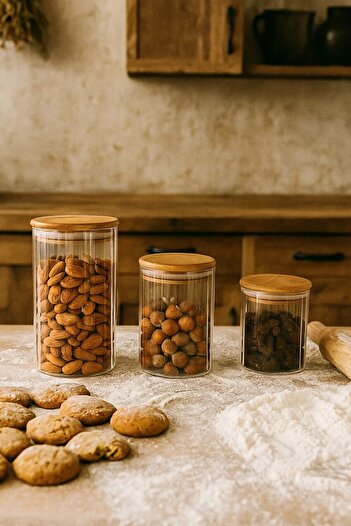 ZURİ DESİGN 3-Piece Striped Glass Spice Jar Set – Airtight Bamboo Vacuum Lid Jar Set