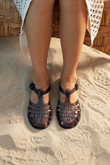 Beyond Women's Shiny Transparent Black Silver Glitter Jelly Sandals Byndjlly01