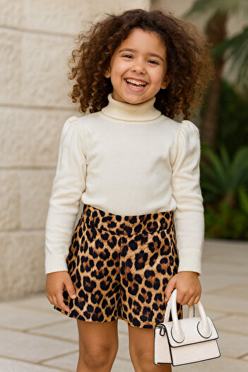 Hilal Akıncı Kids Black sweater, leopard print shorts and bag set