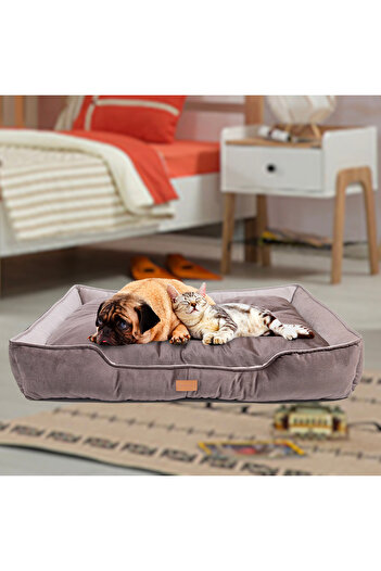 prime dükkan Büyük Boy Kedi Köpek Yatağı 105x80cm - Minderli - Kahverengi