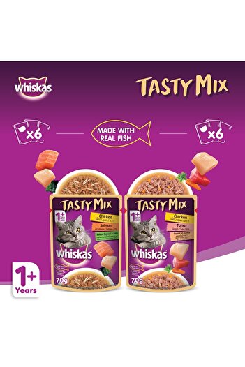 Whiskas Tasty Mix Land & Sea Collection in Gravy Wet Cat Food For 1+ Years Adult 12 x 70 g