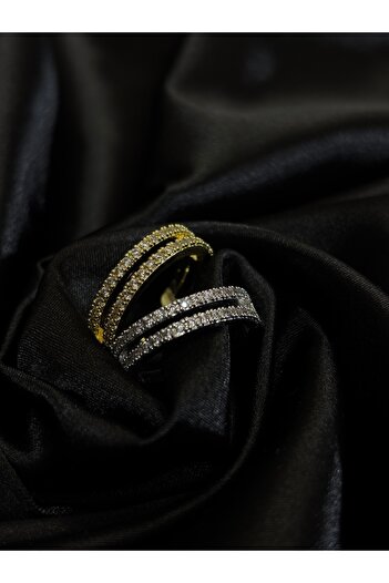 NEMOPHİLA Double Row Women's Steel Ring with Stones Gold and Silver Color Sparkling Stylish Jewelry Model