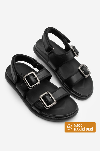 Marjin Women's Genuine Leather Back Velcro Gold Buckle Double Strap Daily Sandals Resun Black