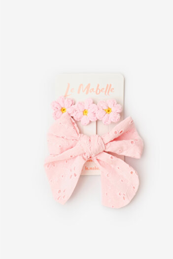 Le Mabelle Pink Scallop Bow Knitted Flower 2-Piece Clip Buckle
