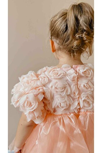 Le Mabelle Girls' Dress with Salmon Rose Detail and Tulle Skirt - Nelia