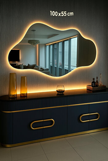 Lamra Dizayn Led'li Asya Ayna 100*55 Cm, Pilli Kablosuz Moderm Dekoratif Duvar Aynası