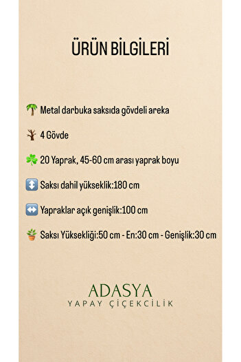 ADASYA ÇİÇEK Yapay Areka Ağacı 180 Cm 20 Yaprak Beyaz Gold Metal Darbuka Saksıda