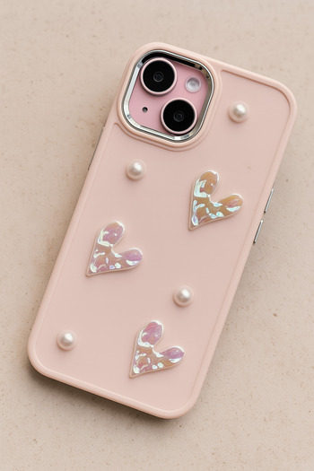 Fibaks Apple iPhone 13 - 14 - 15 Case Camera Protruding Bow Pearl Pattern Pink Soft Silicone Cover