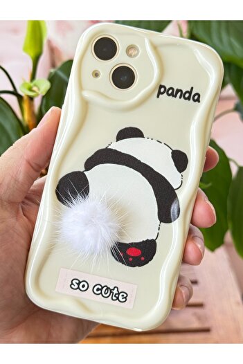 Fibaks iPhone 15 Compatible Case Designed Patterned Camera Protection Panda White Tassel Silicone Cover