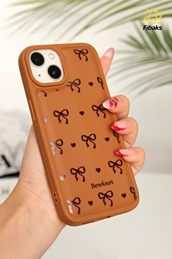 Fibaks iPhone 13 - 14 - 15 Case Soft Textured Bow Pattern Brown Soft Camera Protection Silicone Cover