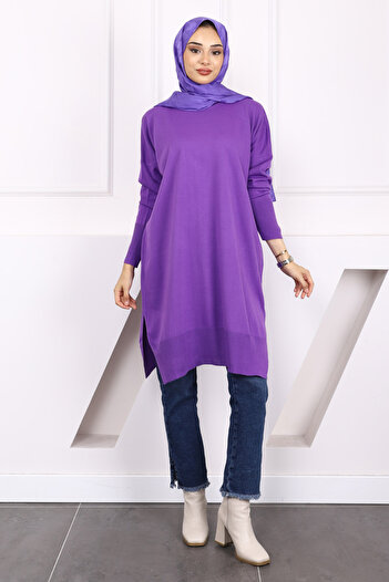 İmajButik Σκούρο λιλά Crew Neck Mercerized Casual Knitwear Tunic