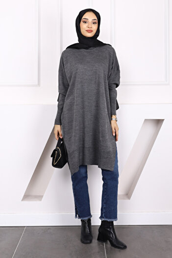 İmajButik Anthracite Crew Neck Mercerized Casual Knitwear Tunic