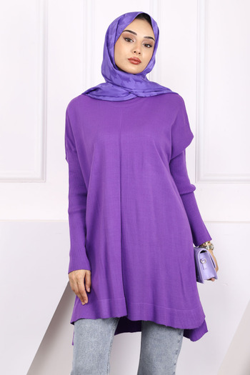 İmajButik Μωβ Crew Neck Mercerized Casual Knitwear Tunic