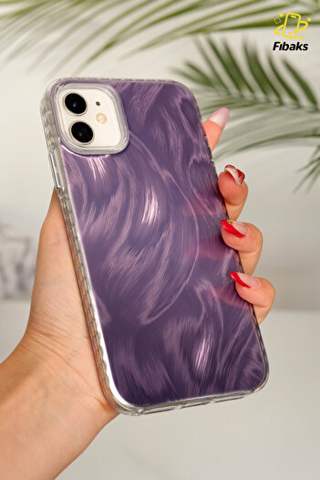Fibaks Apple iPhone 11 Feather Marbling Pattern Shock Absorbing Purple Color Silicone Protective Cover