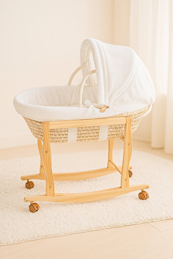 KIKIBEBE Wooden Moses Basket-wood With Stand And Wheel- Wood