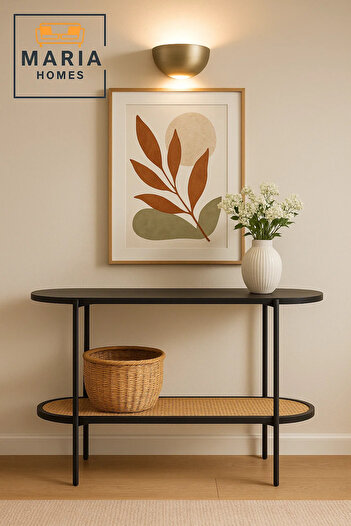 MARIA HOMES Oval Black Console Table with Rattan Shelf and Metal Frame
