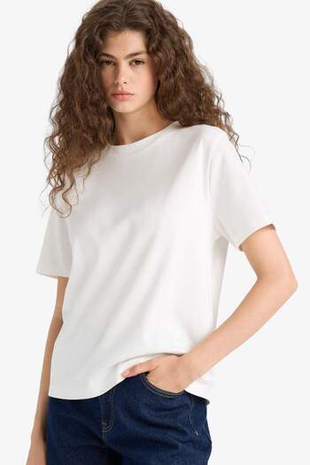 DeFacto Regular Fit Rundhalsausschnitt Basic Einfarbig Dick Kurzarm Weißes T-Shirt D7579ax25sp