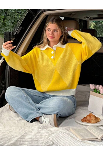 Elysira New Generation Colorful Oversize Diamond Patterned Women's Knitwear Sweater