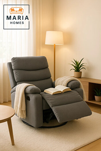 MARIA HOMES Gray Recliner Chair with Cup Holders – Soft Fabric, Swivel & Recline