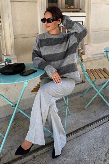 Madmext Anthracite Crew Neck Striped Knitwear Women's Sweater Mg2472