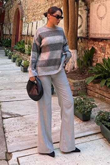 Madmext Anthracite Crew Neck Striped Knitwear Women's Sweater Mg2472