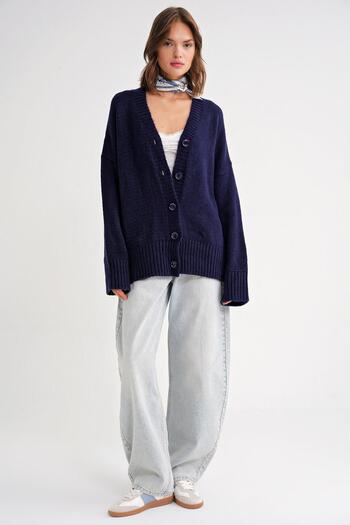 Mixray 6927 Women's Soft Textured Loose Basic Knitwear Cardigan Navy Blue