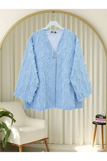 Modamorfo Fringed Single Button Square Patterned Kimono - Baby Blue