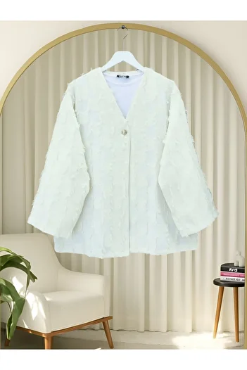 Modamorfo Fringed Single Button Square Patterned Kimono -White