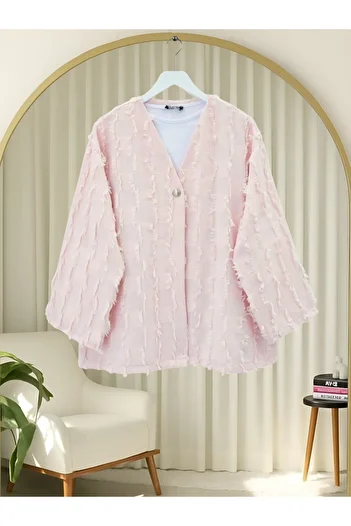 Modamorfo Fringed Single Button Square Patterned Kimono - Powder