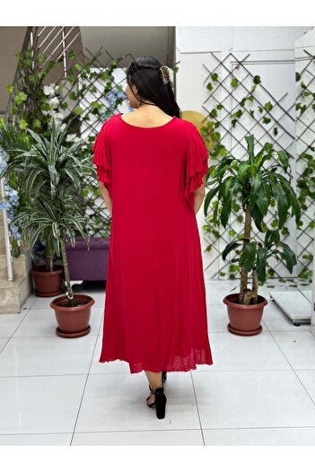Punta Otantik Vl9636 Feather Printed Half Sleeve Voile Dress Red