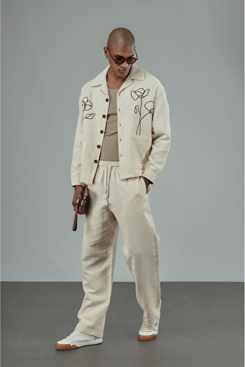 Butik Trend Biz Embroidery Detailed Linen Shirt Trousers Set
