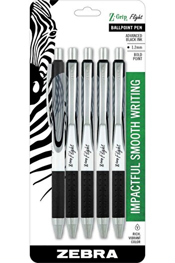 Zebra Pen Z-Grip Flight Retractable Ballpoint Pen, Bold Point, 1.2mm, Black Ink, 5-Count