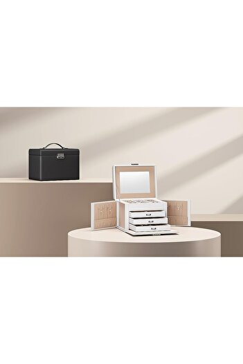 SONGMICS 4-Tier Jewelry Box, 3 Drawers, Mirror and Lock, 18x23x17cm, White