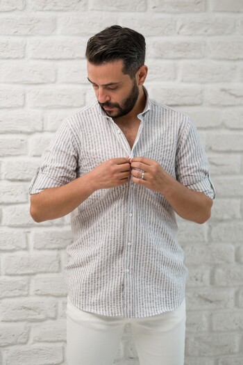 alenmeza Slimfit Fit Collar Buttoned Striped Summer Seersucker Fabric Men's Shirt