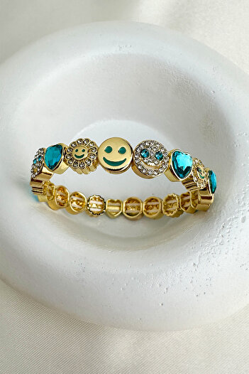 Modex Special Series Gold Color Smiling Face Heart Detail Stone Rubber Bracelet