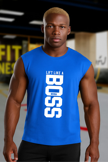 BESSA Blue Printed Sports Tank Top Crew Neck Cotton Sleeveless Tank Top Lift Like Men