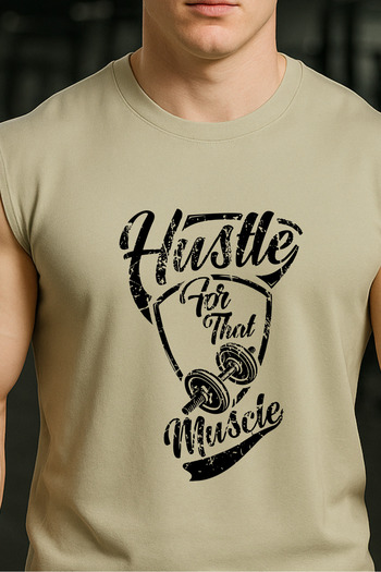 BESSA Beige Printed Sportsman Tank Top Crew Neck Cotton Sleeveless Tank Top Hustle Muscle Men