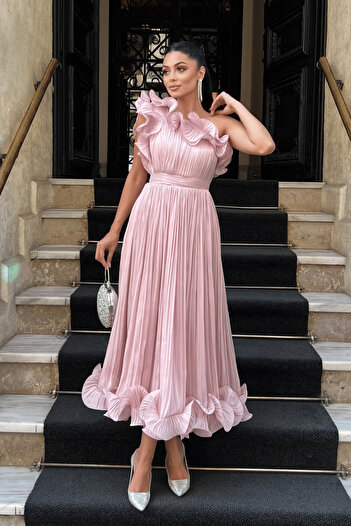 giyimmasalı Chiffon Fabric One Sleeve Evening Dress - Powder