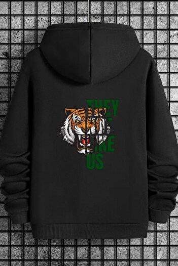 CLAYES Unisex Black Front Back Tiger Printed Tracksuit Hoodie - Winter Embossed Fabric